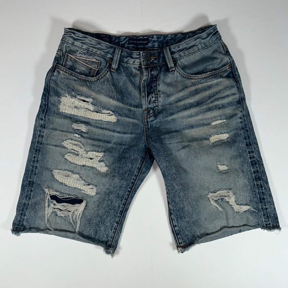 Cult of Individuality Logan Shorts Mens 32 Blue Distressed Selvedge Denim